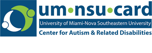 University of Miami- Nova Southeastern University Center for Autism and Related Disabilities in blue and green font, with white and green people-shaped characters embracing in a hug. 