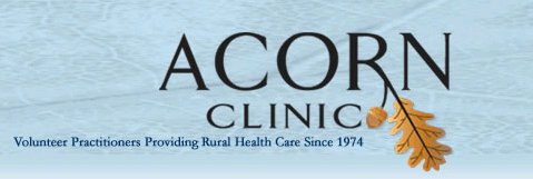 The logo has a light blue background with black text that reads "ACORN Clinic" with a brown leaf to the right of the text.