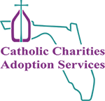 The logo of Catholic Charities Adoption Services Has the outline of Florida,  the name of the organization and a church