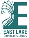 Library logo is large E with book pages fluttering behind it and East Lake Community Library written underneath it. Logo is dark turquoise.