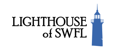 black writing "lighthouse of swfl" next to a blue lighthouse on a white background