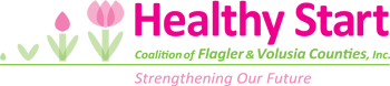 The logo of the healthy start program for flager and volusia Says the slogan "Strengthing our future"